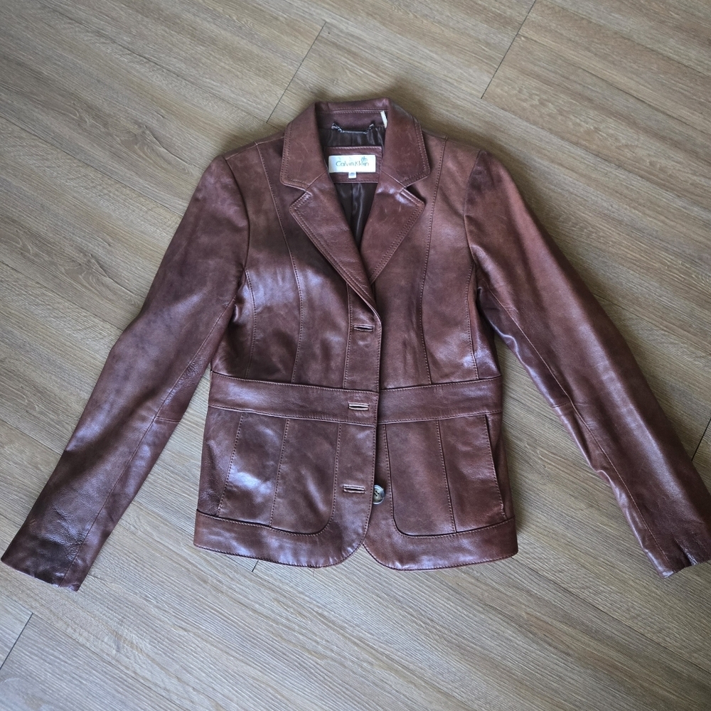 CK Brown Leather Blazer Sz S